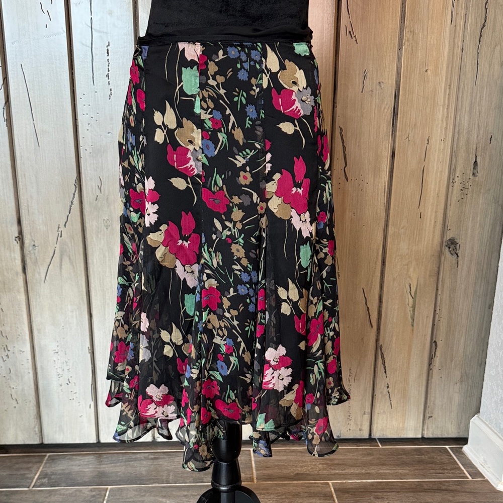 Black Floral Midi Skirt with Pink & Green Accents